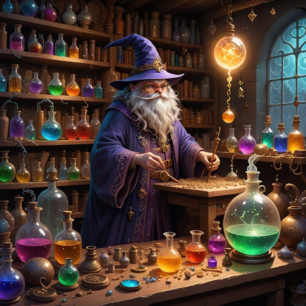 Whimsical Wizard Tidies Enchanted Lab