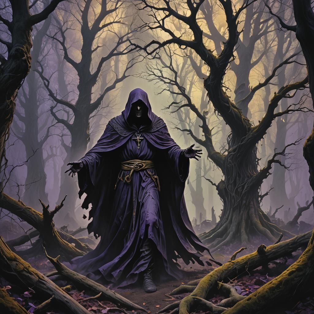 Mysterious Figure Emerges from Grave in Dark, Gothic Landsca...