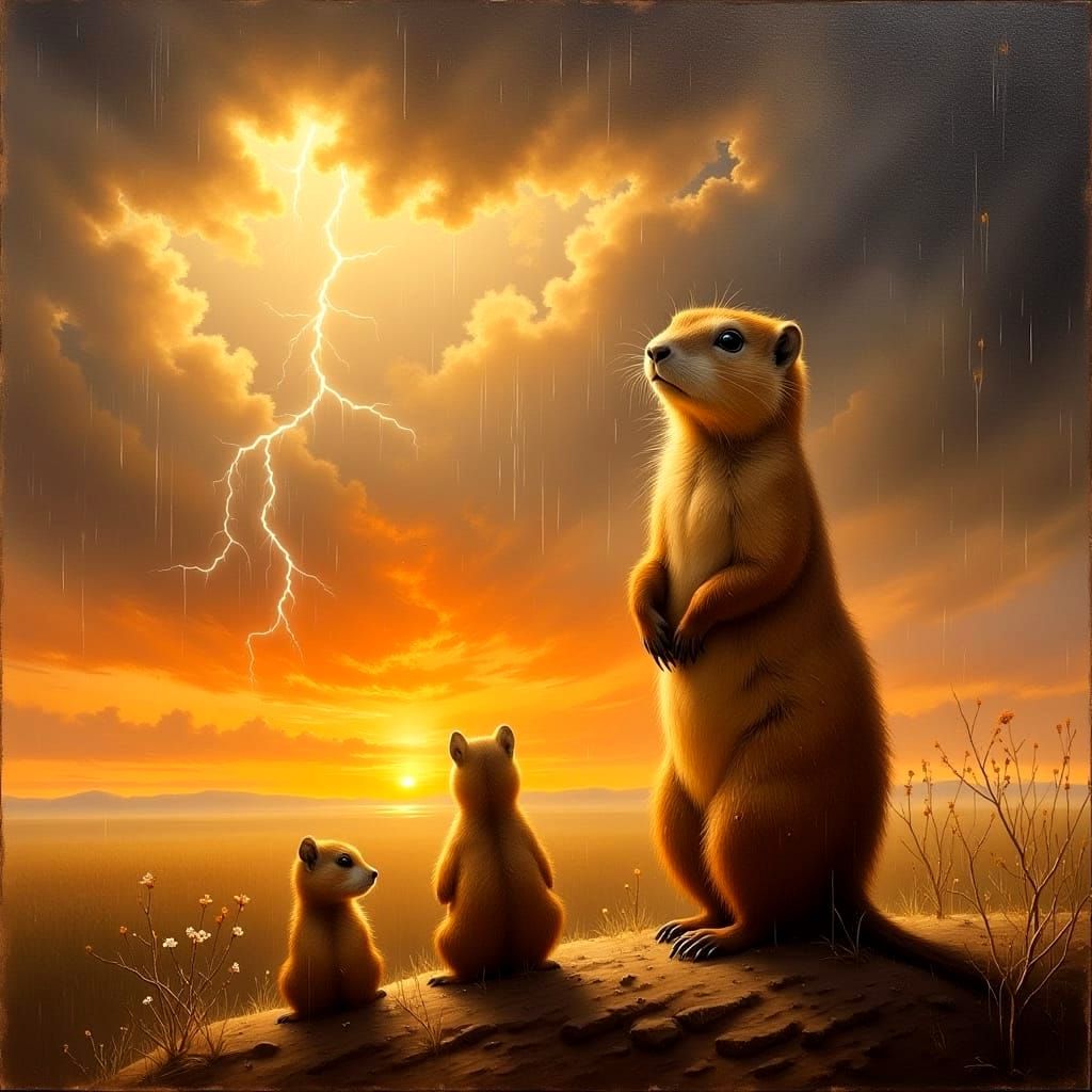 Prairie Dogs Observe Distant Storm at Sunset