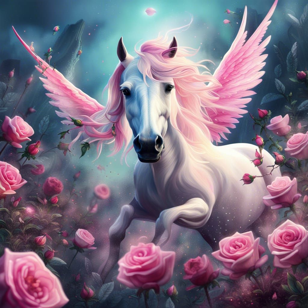 Flying Unicorn with Pink Roses, Fantasy Art