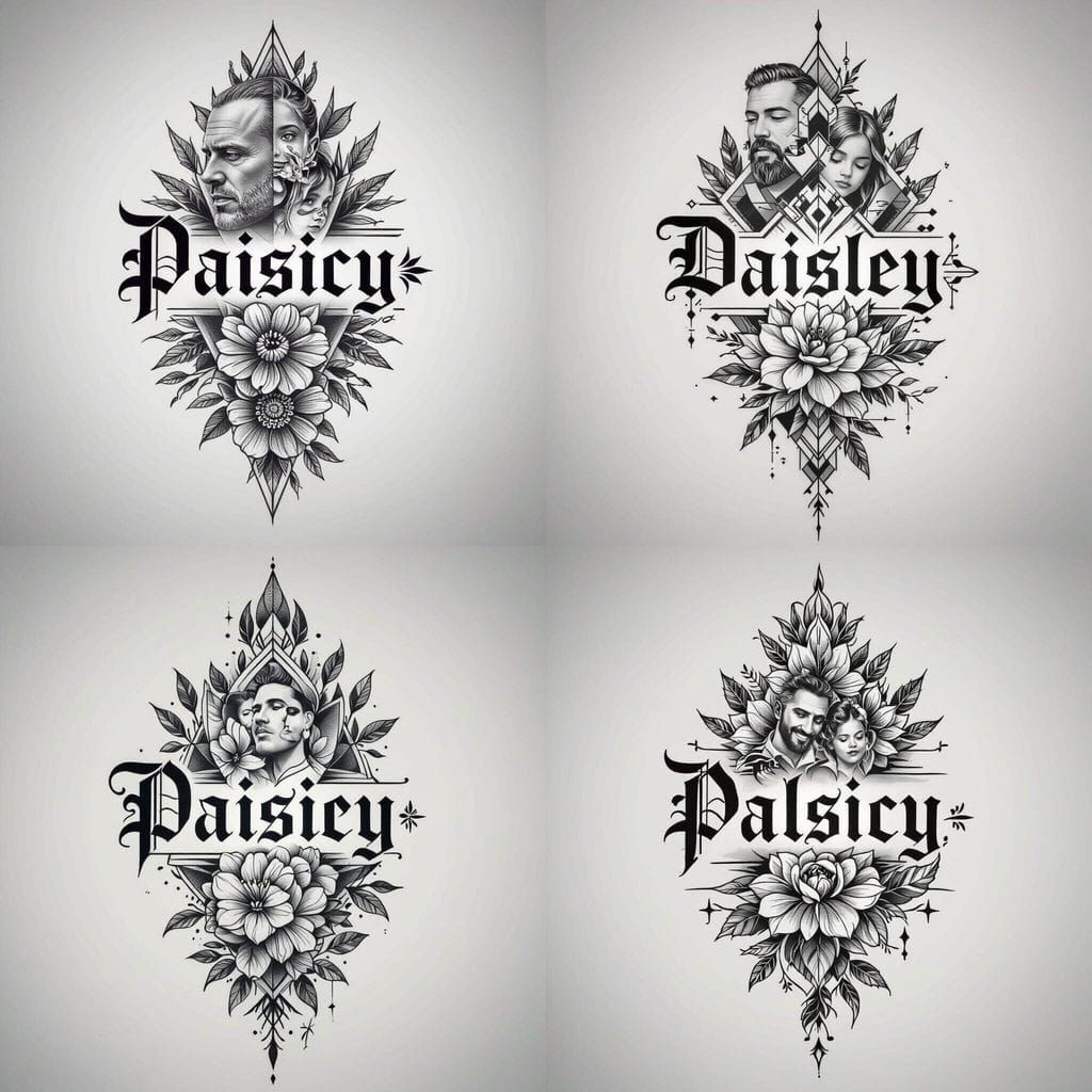 Geometric Father Daughter Tattoo Design in Black and Grey