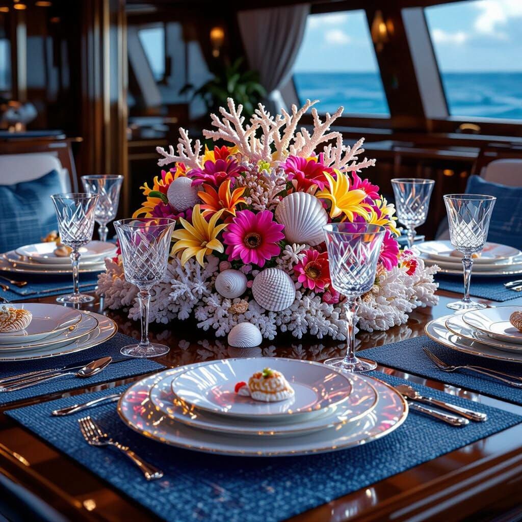 Luxury Yacht Table Setting with Coral and Flowers