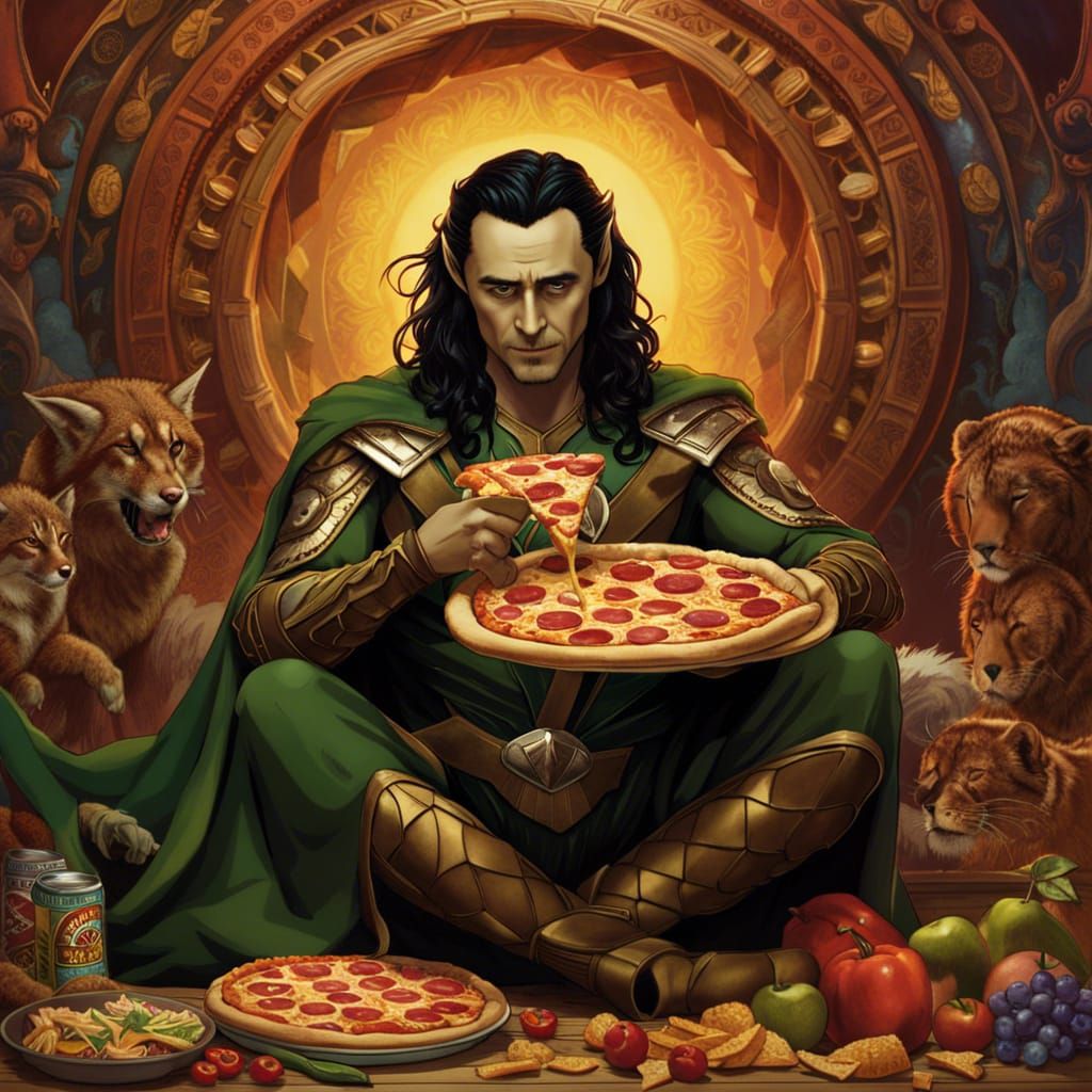 Loki eating a whole pizza, hippie