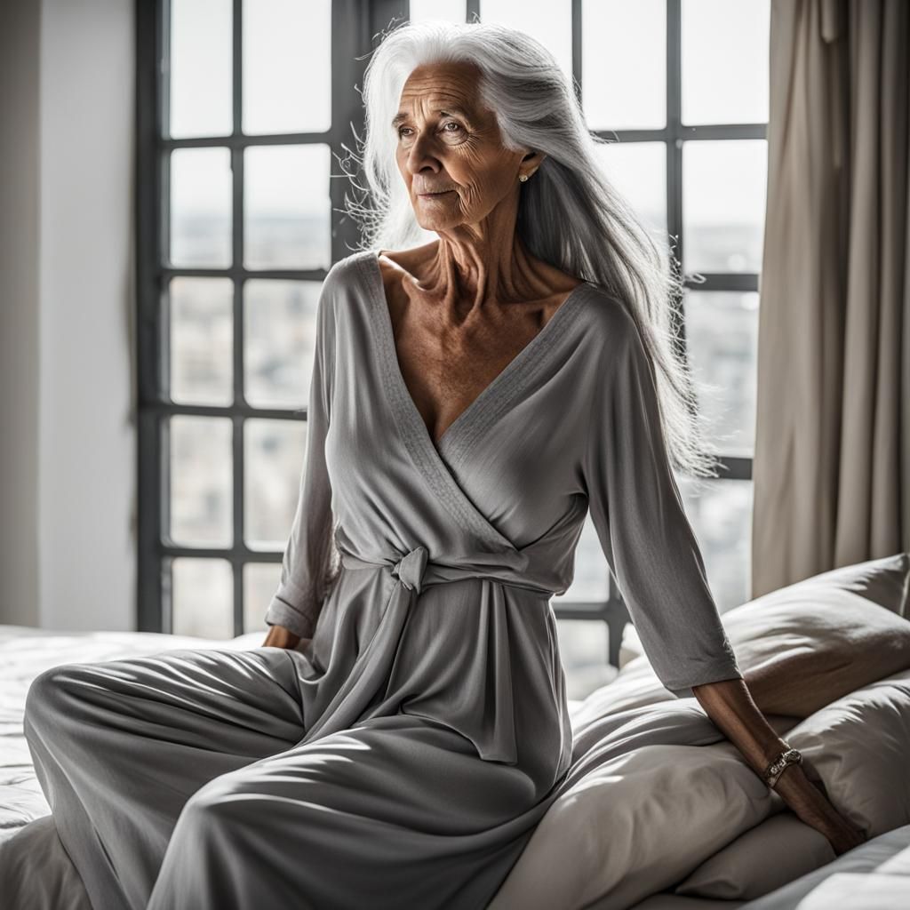 long grey hair mature woman, saggy, (barechest:1.3), barebody, (greatcleavage:0.8), in bedroom with window light, full b...