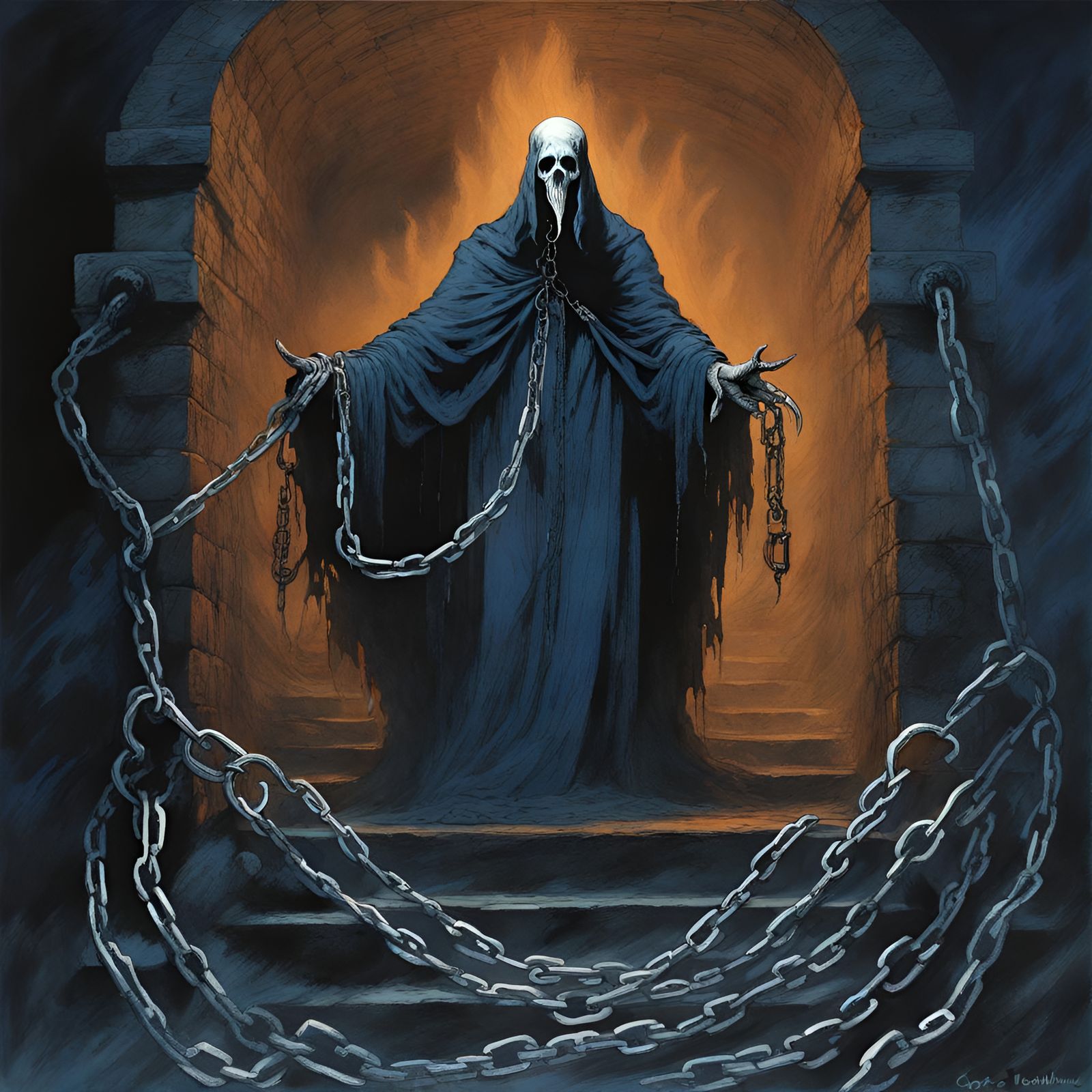 Chained Ghost in Hellish Catacombs: Eerie Magazine Style