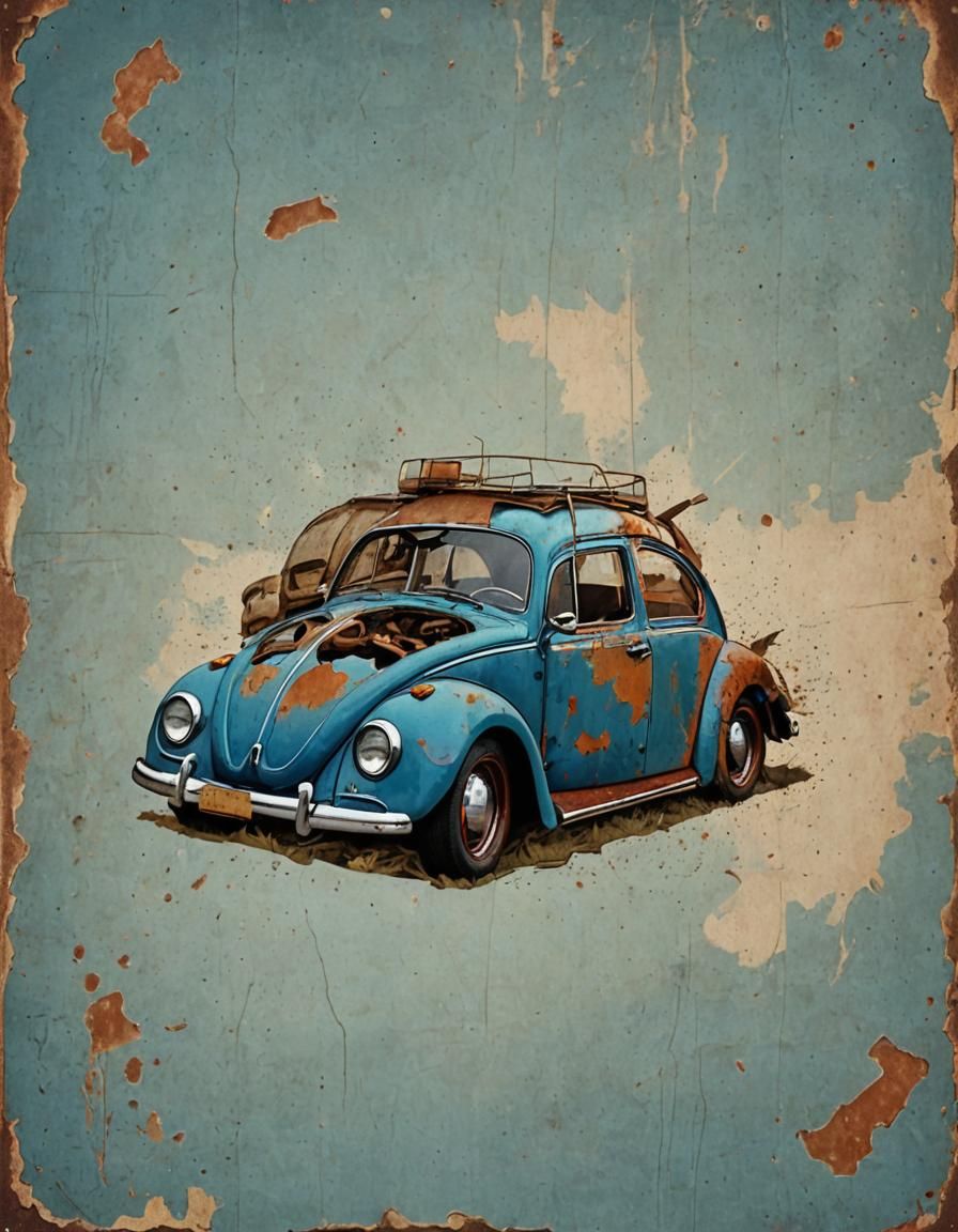 Vintage Blue VW Beetle Poster with Rustic Texture
