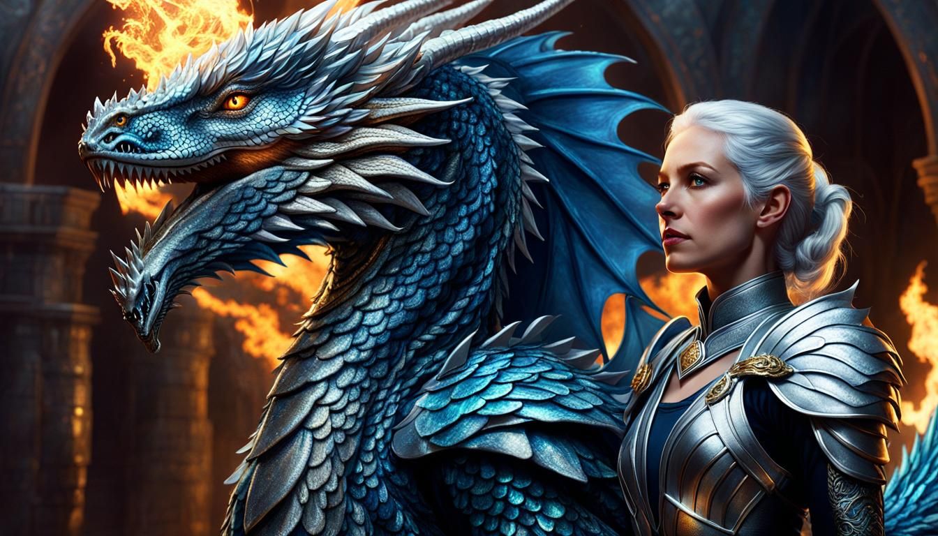 Silver Haired Woman and Dragon: Fantasy Concept Art