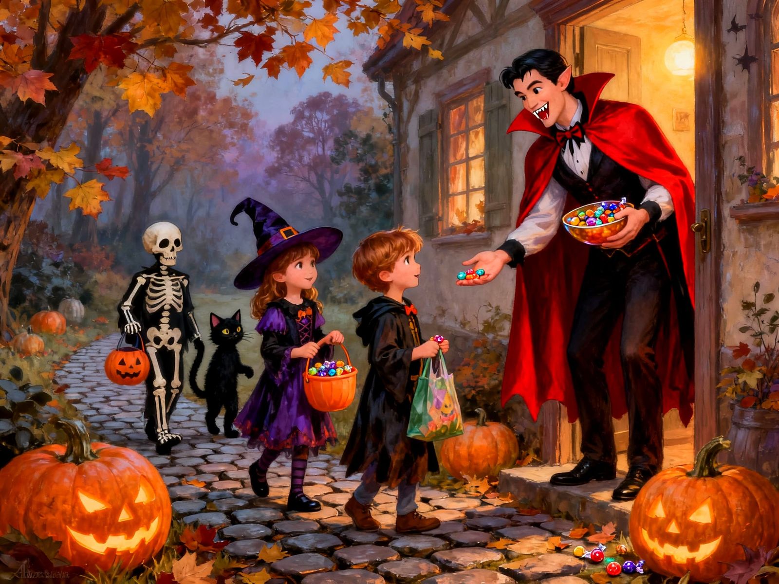 Children in Halloween Costumes Trick or Treating with Father