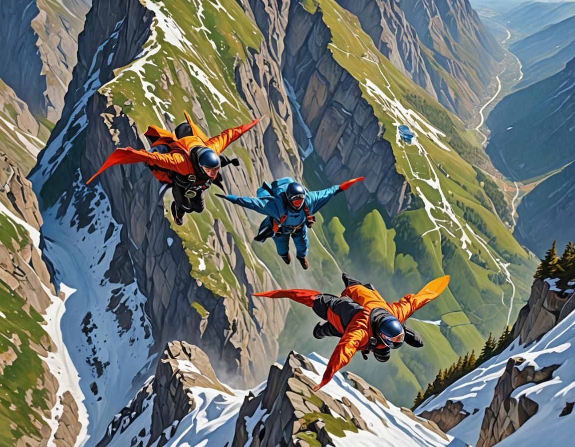 Vibrant Image of adventurers flying with wingsuit and helmet...