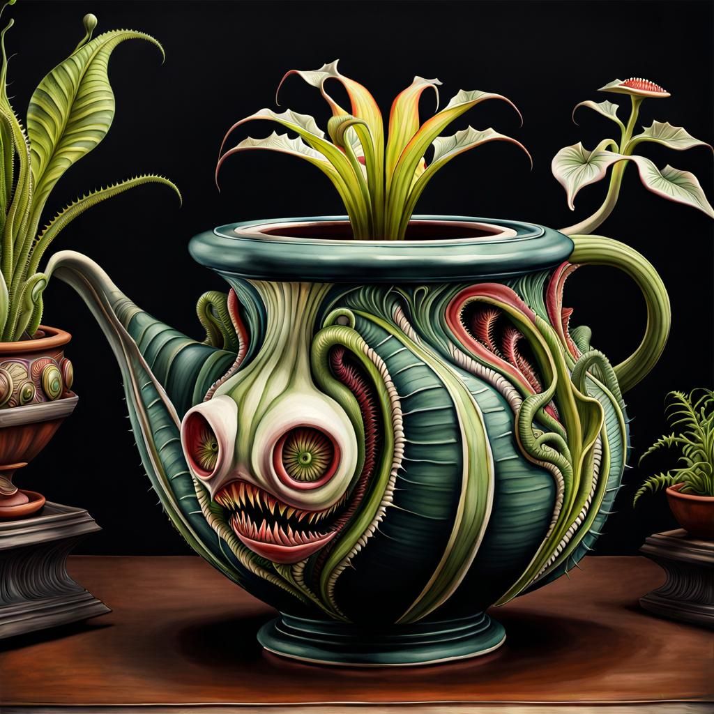 Carnivorous Plant in Unconventional Pottery, Watercolor Styl...