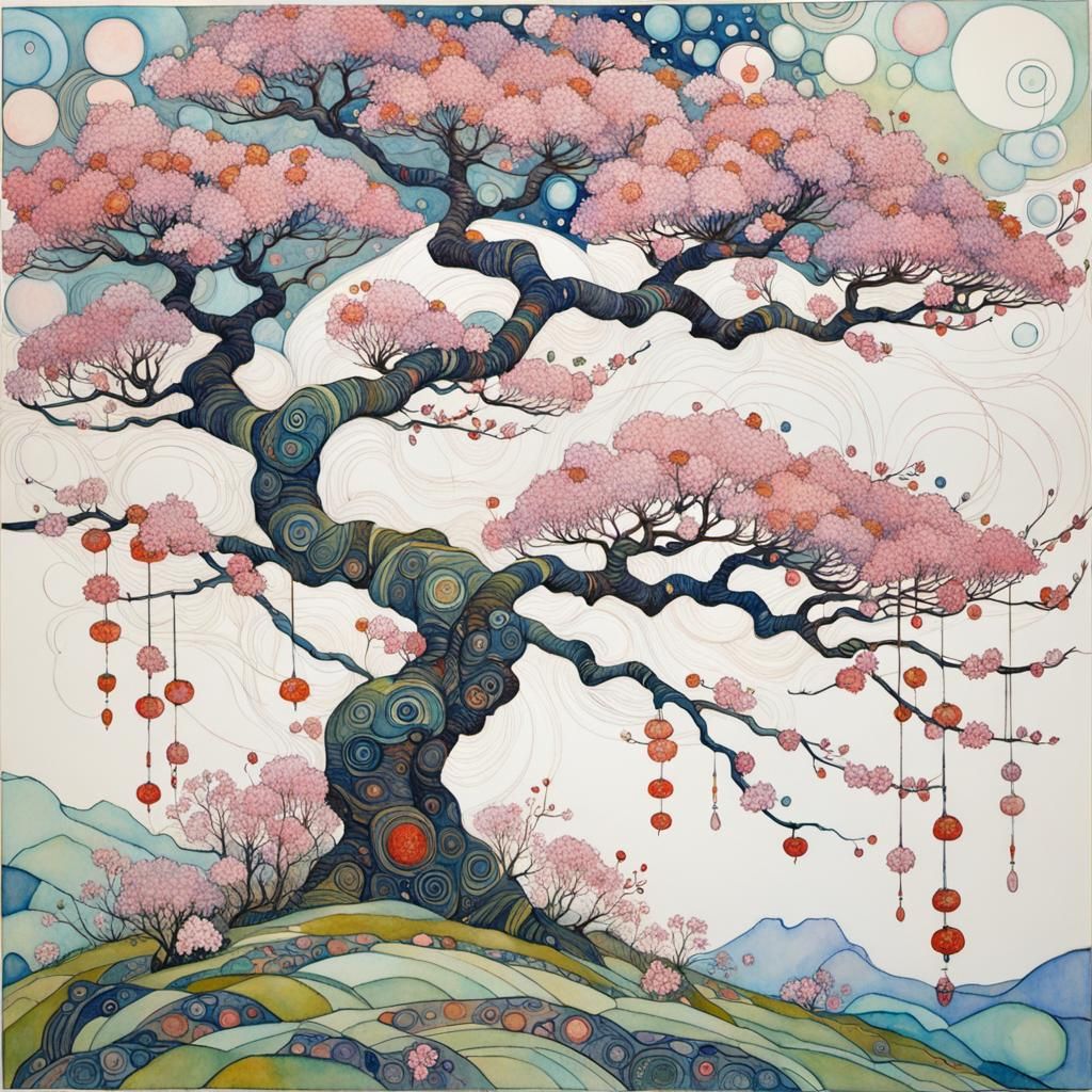 Entangled Cherry Blossoms: Ink and Watercolour Art