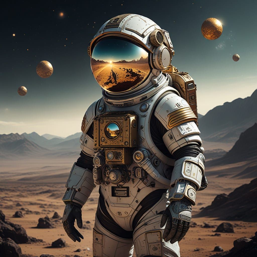 Golden Astronaut in Steampunk Cosmic Landscape