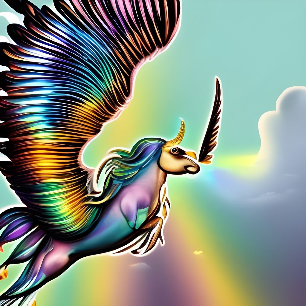 Iridescent Pegasus Soaring Through Rainbow Clouds