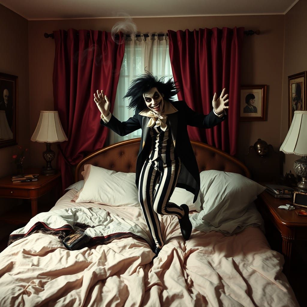 Beetlejuice's Mischief Unfolds in a Haunted Bedroom