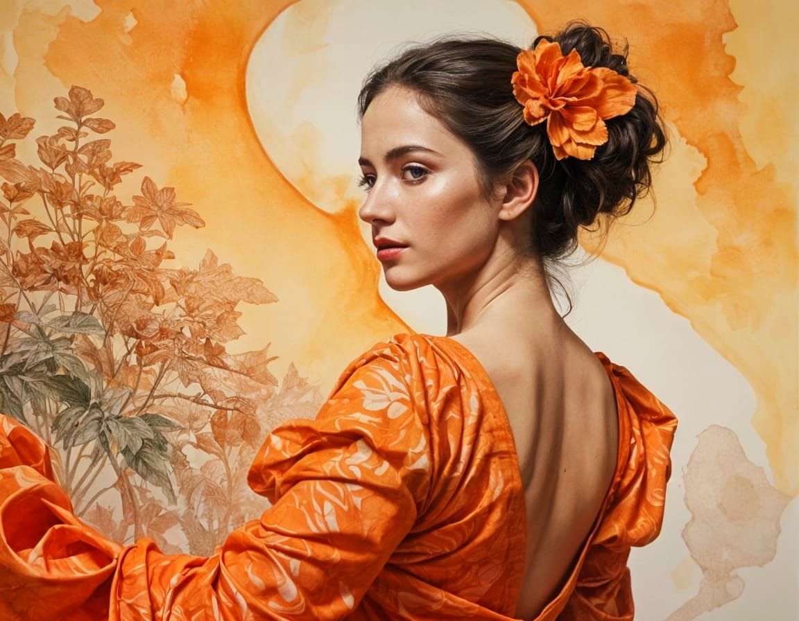 Vibrant Flamenco Dancer in Op Art Landscape with Amber Hues