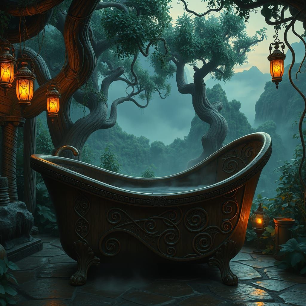 Ancient Fantasy Tub in Lush, Vibrant Environment