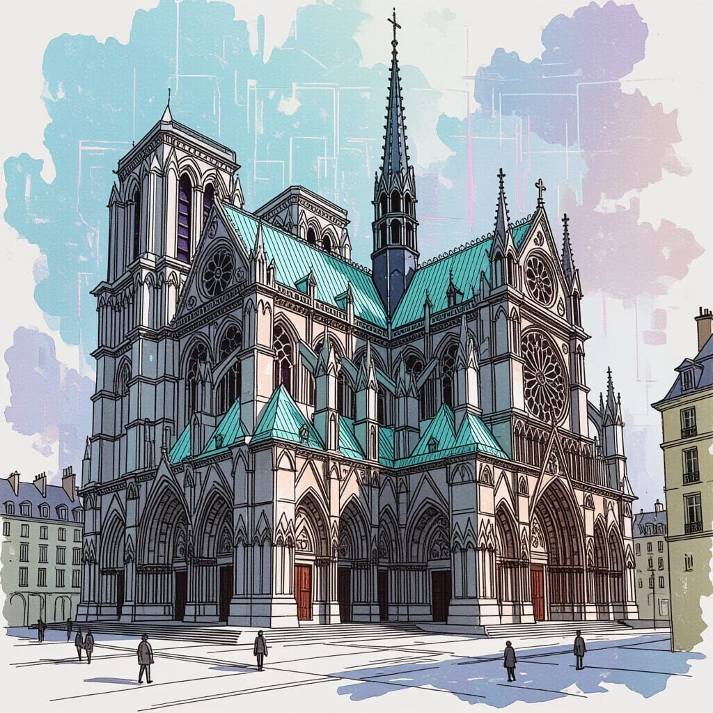 Cyberpunk Basilica of Saint-Denis Architectural Sketch