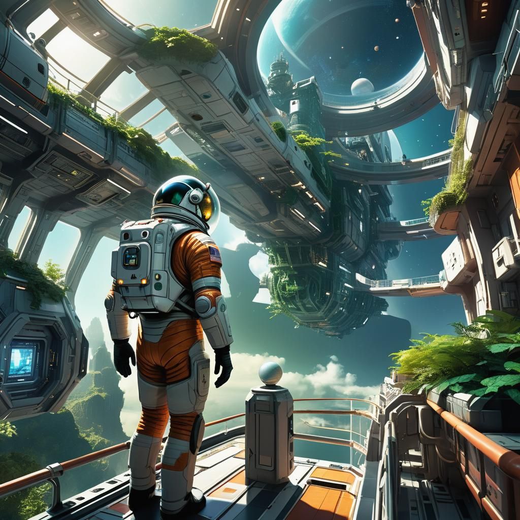 Astronaut Overlooking Generation Ship Interior