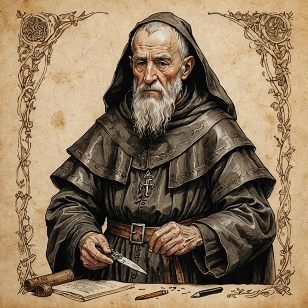 Medieval Friar with Razor, Renaissance Drawing