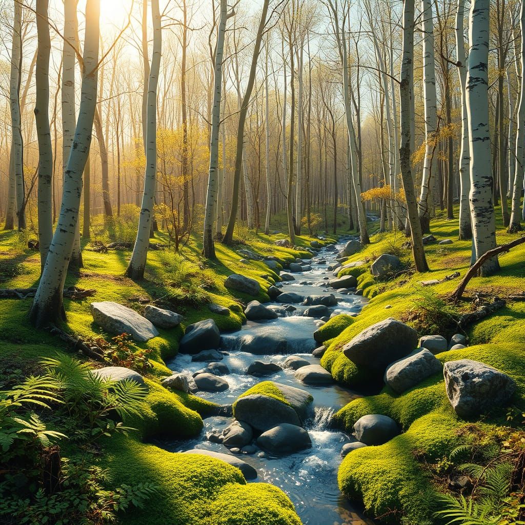 Enchanted Springtime Woodland Scene with Soft Light and Gent...