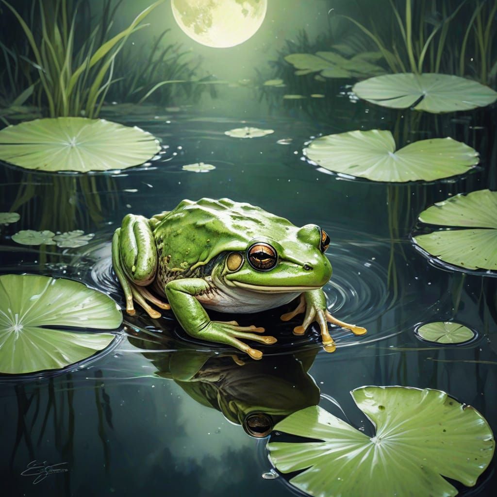 Surreal Watercolour Painting of a Frog in a Tranquil Pond un...