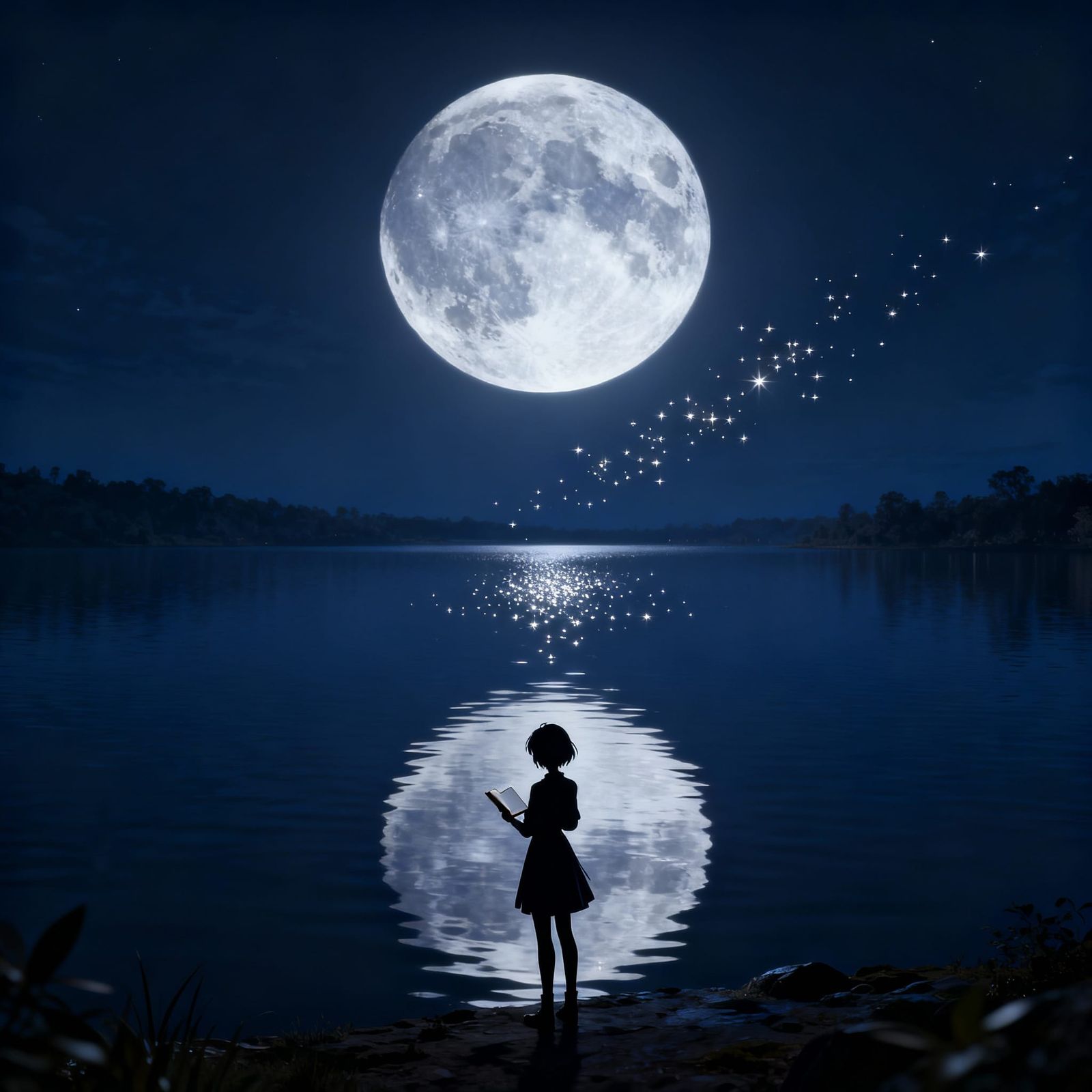 Serene Lakeside Night with Moon Reflection