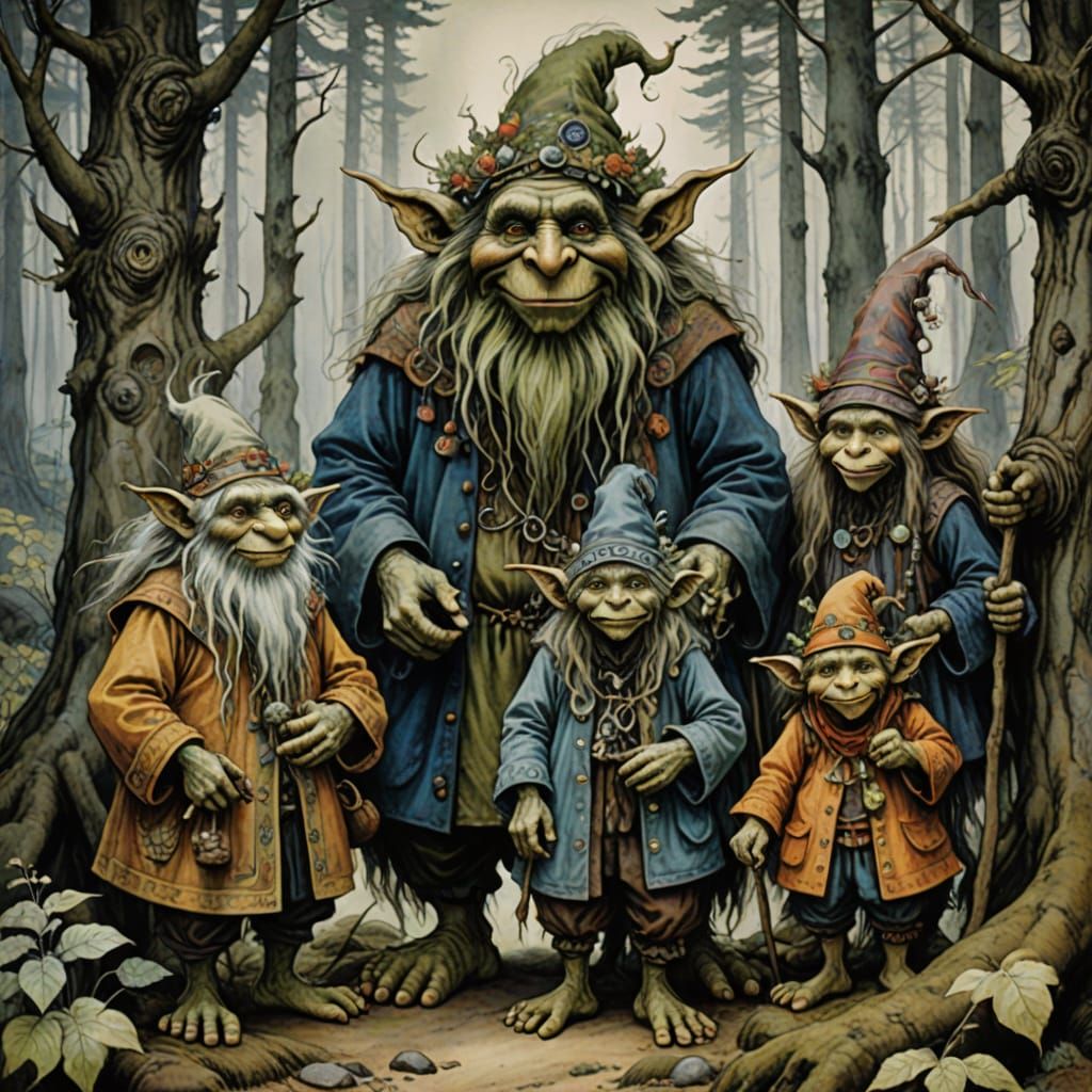 Norwegian Troll Family in Forest, Fairy Tale Illustration