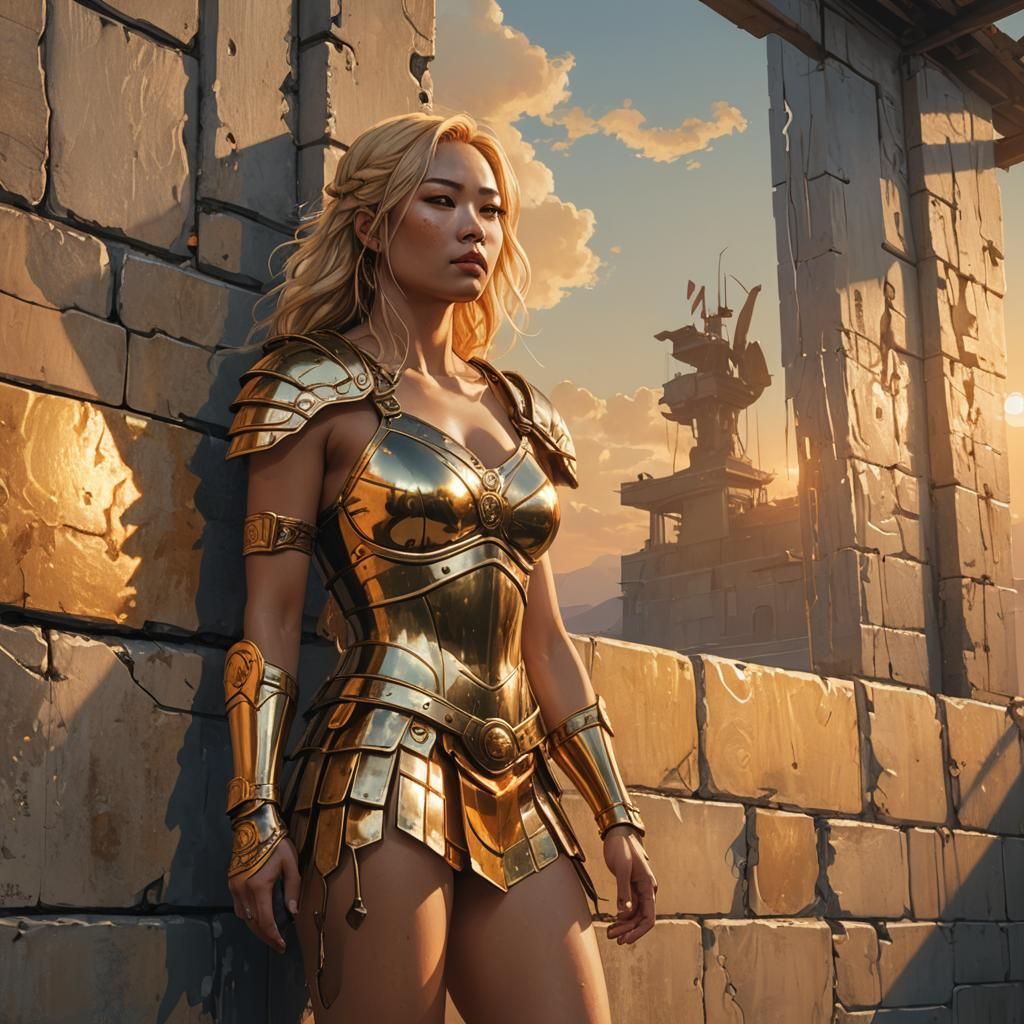 Woman on Wall at Sunset: Photorealistic Sci-Fi Art