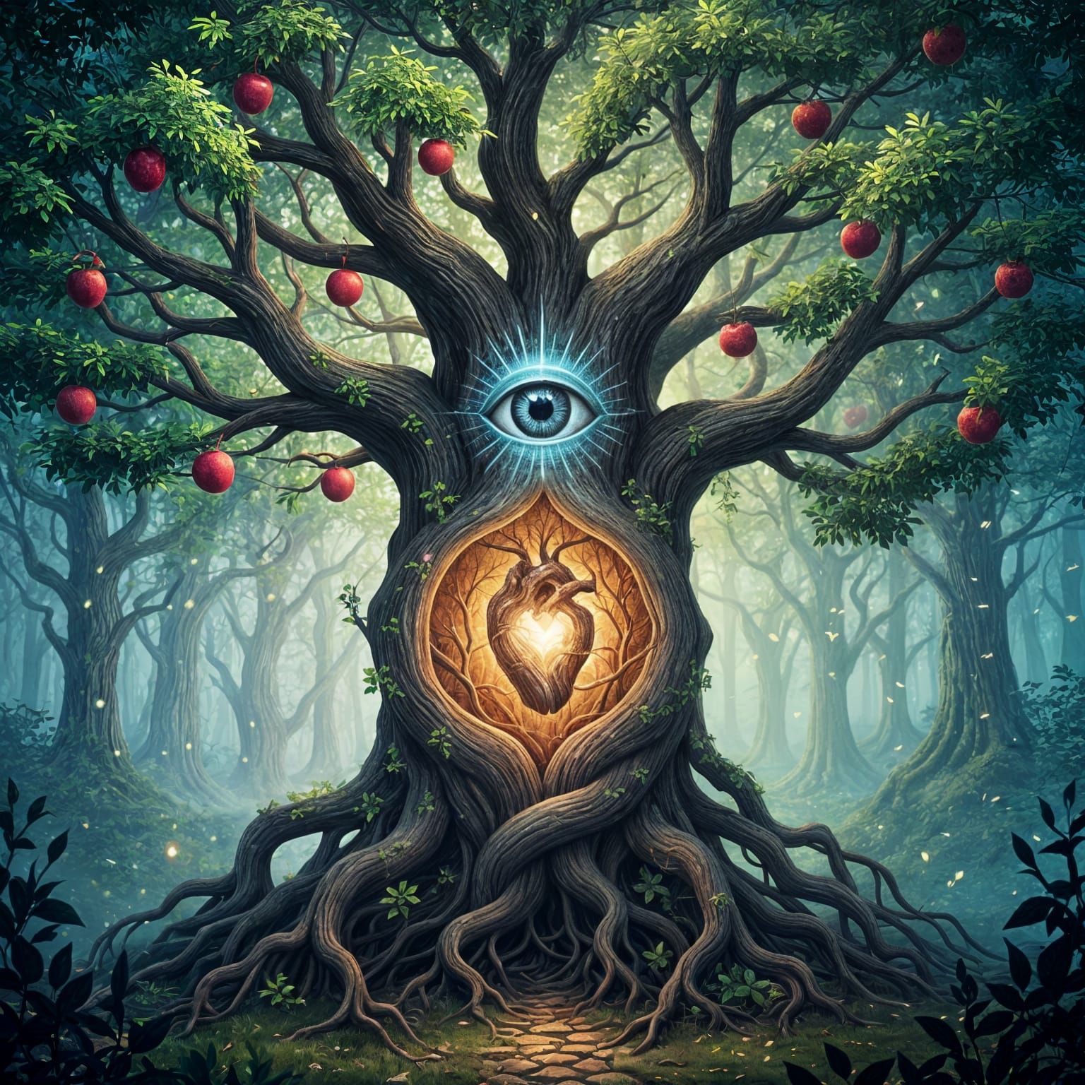 Enchanted Forest Tree with Mystical Heart and Eye