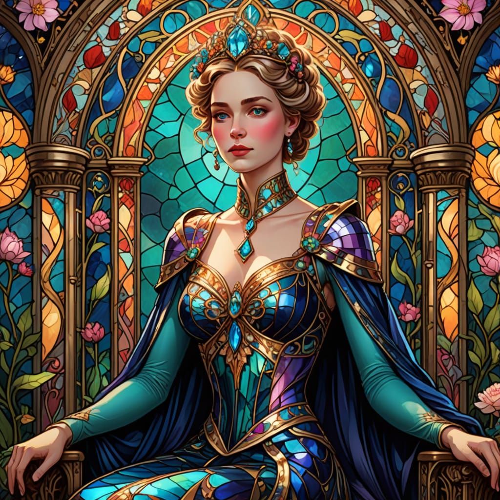 Regal Queen in Iridescent Glass Gown, Art Nouveau Style
