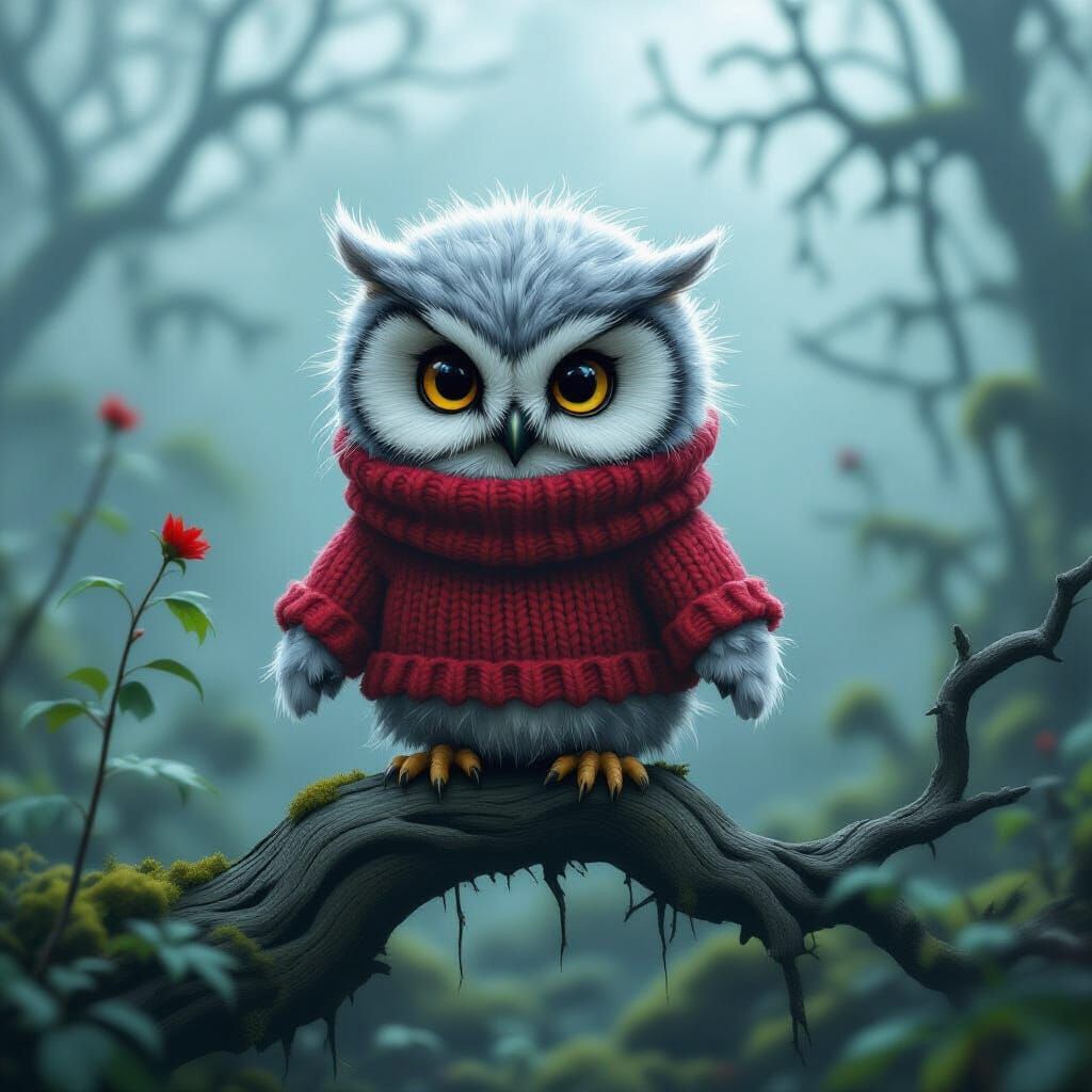 Grumpy Owl Chick in Spooky Garden, Tim Burton Style