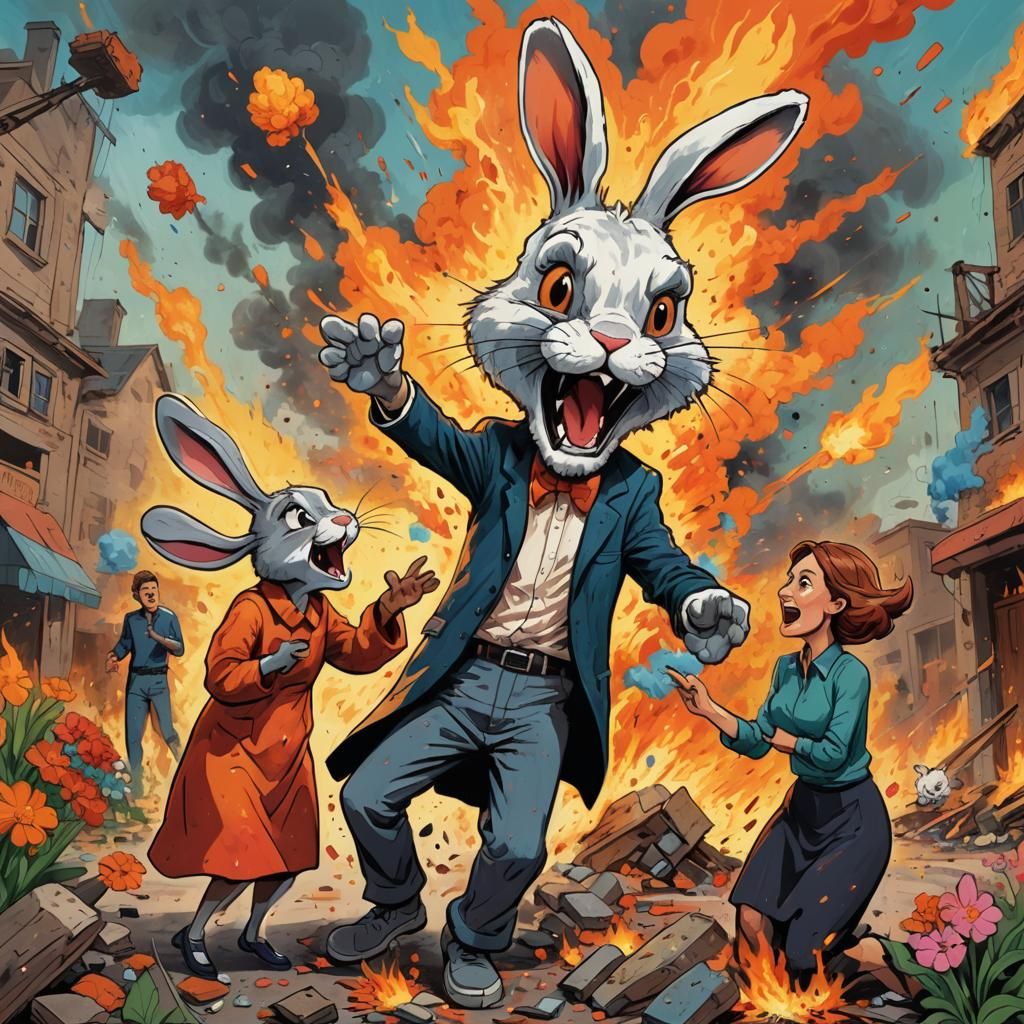 Cartoon Explosion: Shocked Woman and Angry Bunny