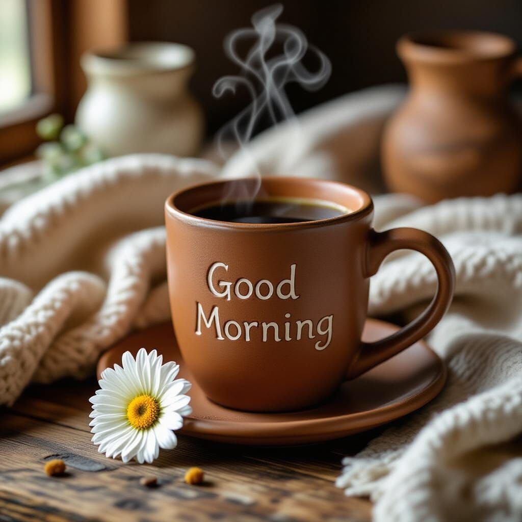 Cozy Coffee Mug with Flower in Rustic Chic Setting