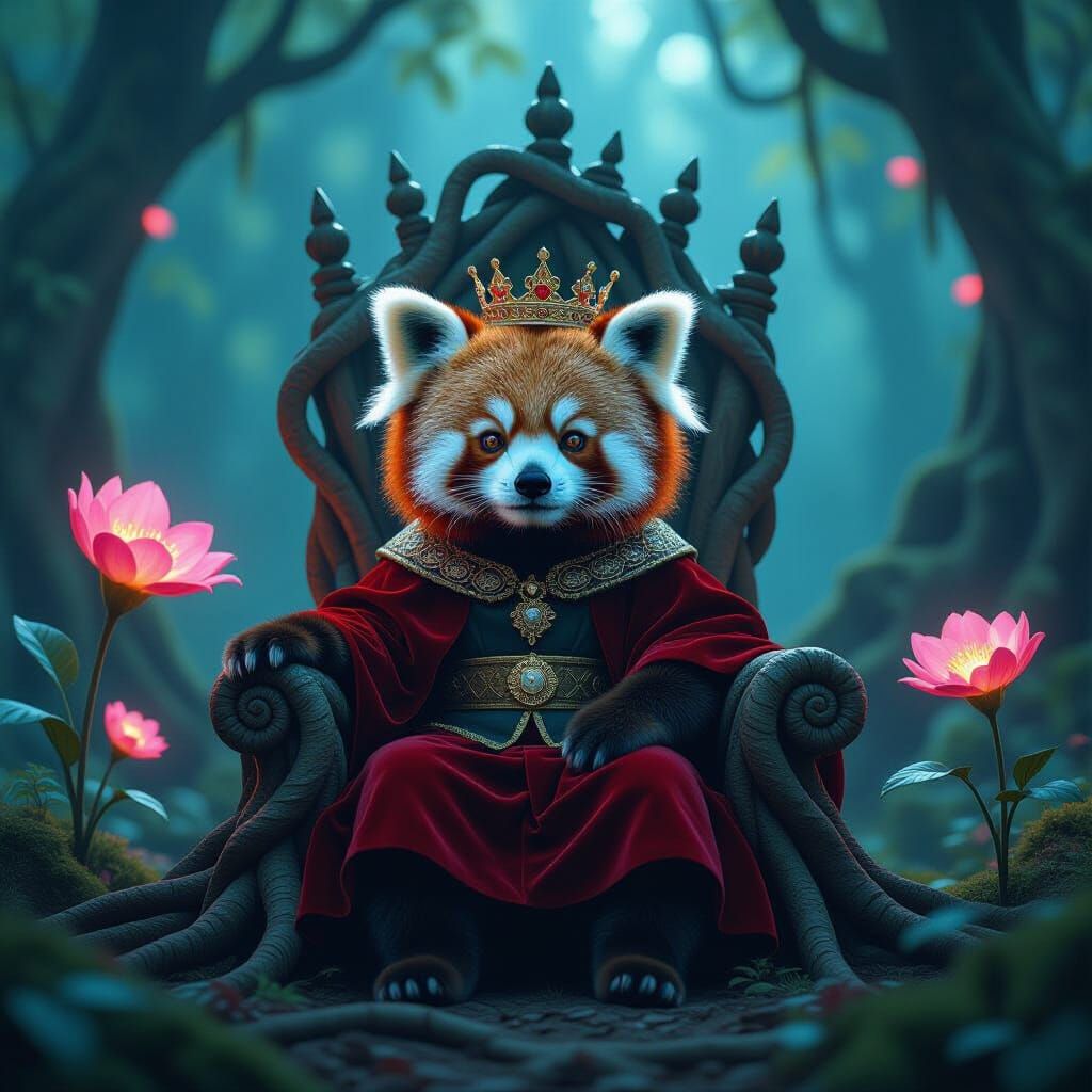 Regal Red Panda King on Root Throne in Dreamlike Forest