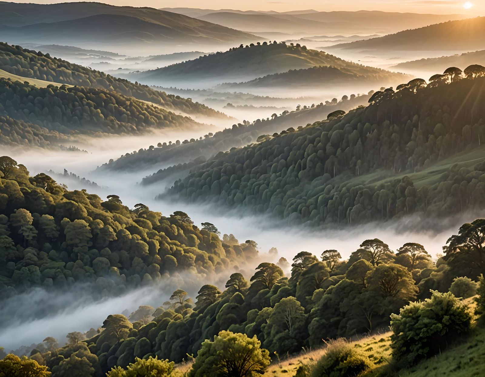 Misty Valley Sunrise: First Light on Treetops