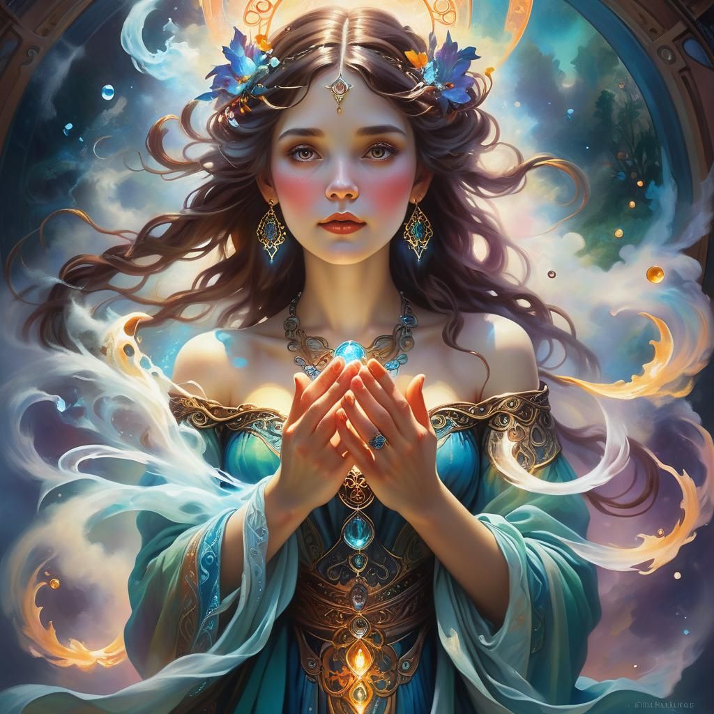 Mystical Figure with Elemental Symbols in Oil Painting