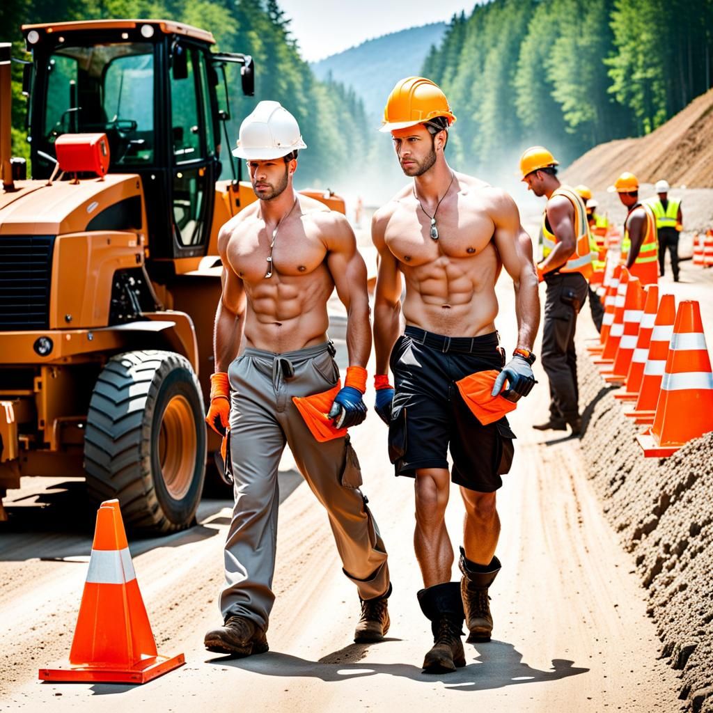 pale white shirtless road workers