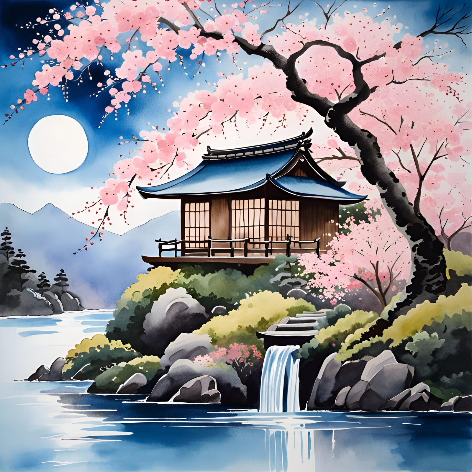Japanese Cabin Watercolor Painting with Cherry Blossoms