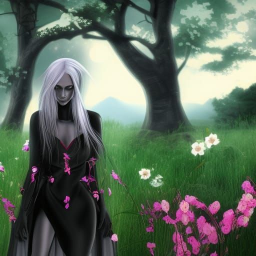 Beautiful Dark Elf in Armor, Moonlit Meadow Scene