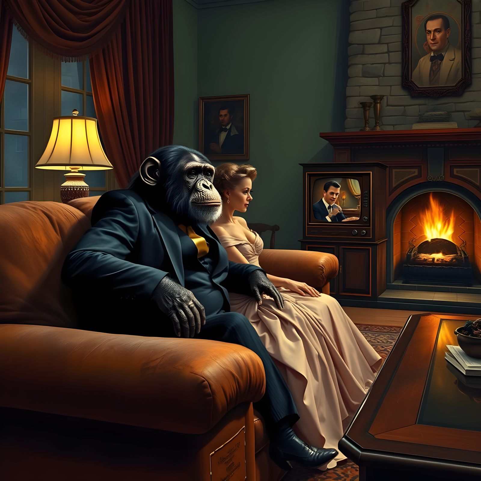 Chimpanzee Couples Enjoy Quiet Evening by the Fireplace