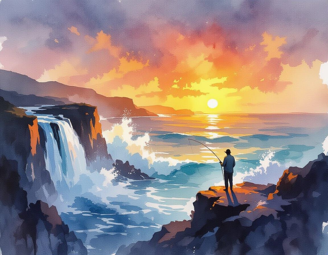 Fisherman at Sunset with Waterfalls, Expressive Watercolor