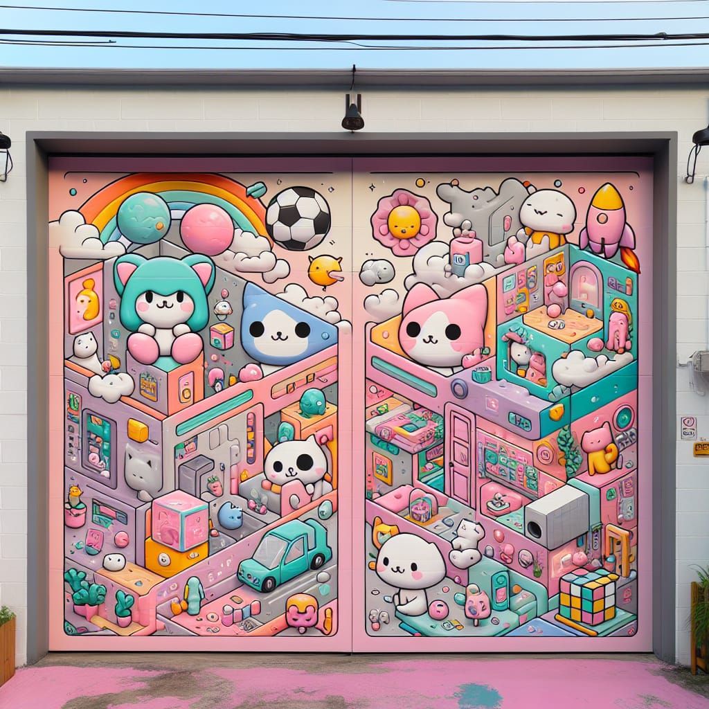 Kawaii Mural with Cutaway Scenes in Pastel Colors