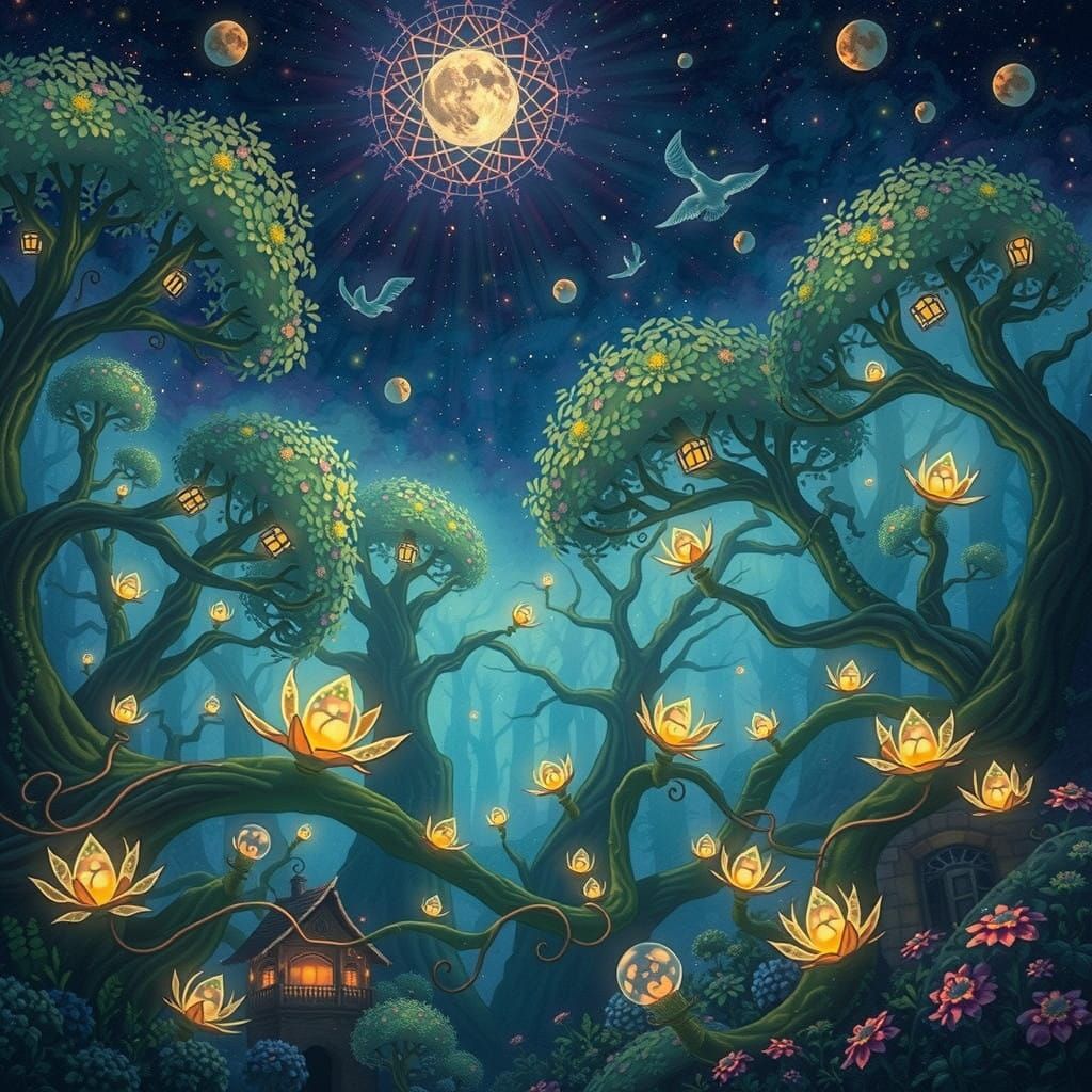 Mystical Village Under Ethereal Moonlight