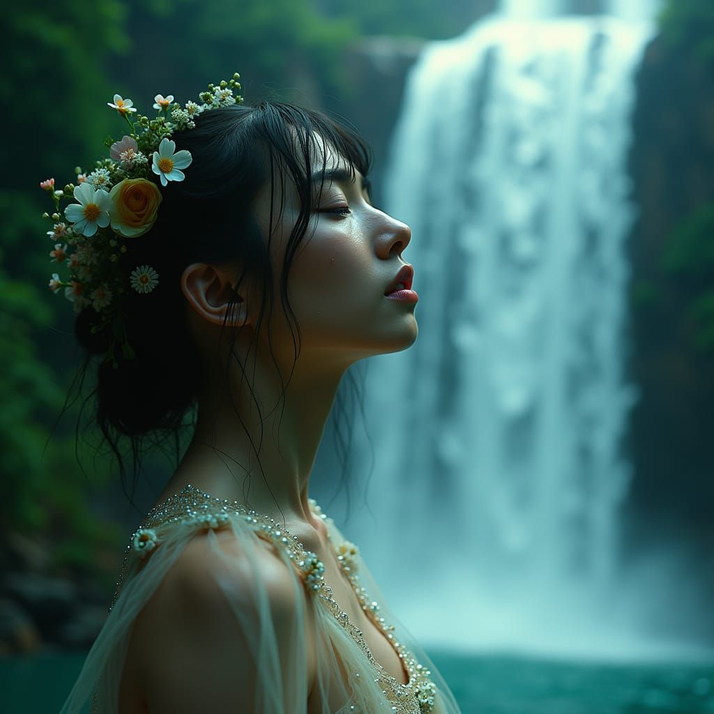 Luminescent Woman Weeping Waterfalls: Cinematic Film Still