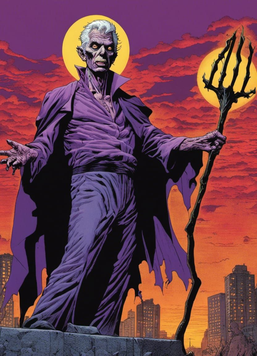Zombie Necromancer in Urban Wasteland: 1980s Illustration