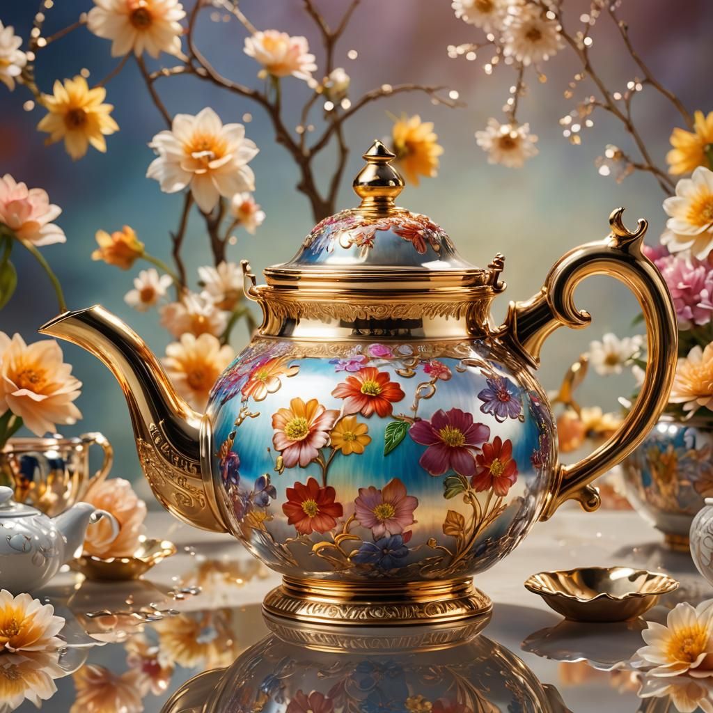 Teapot with Flowers and Gold Reflections in Art Nouveau Styl...