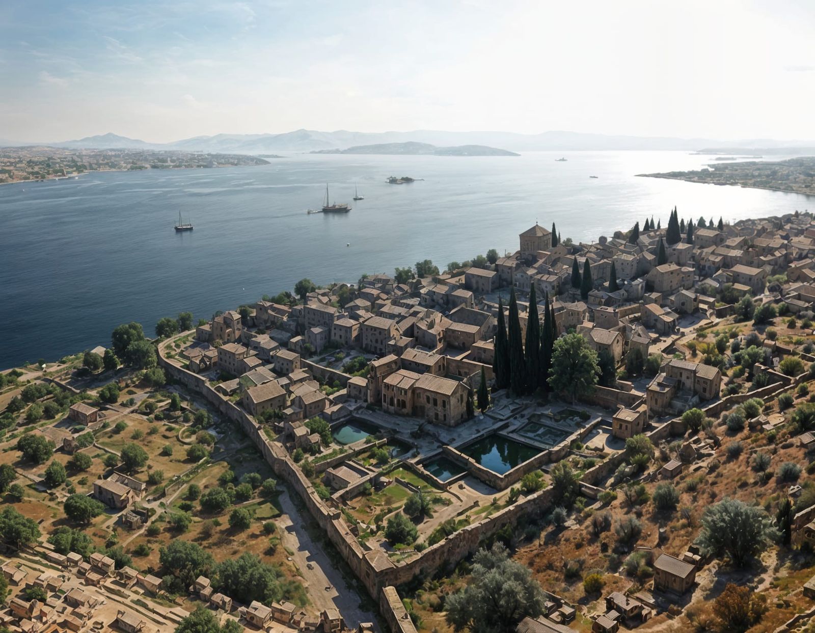 Sinister Ancient Town by Lake as Impasto Painting