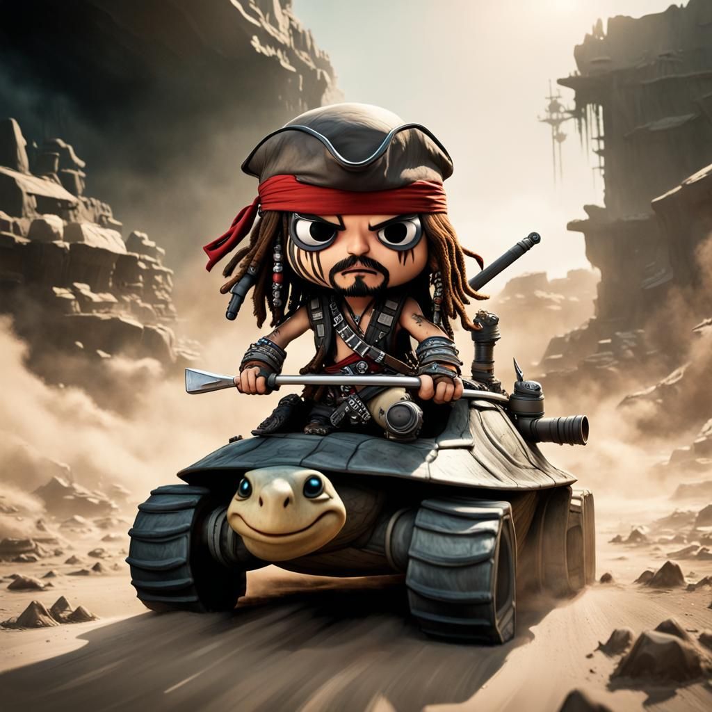 Chibi Captain Sparrow Races Turtle Tank in Wasteland