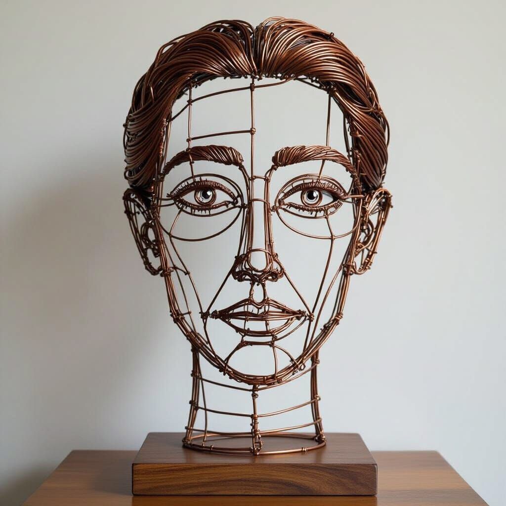 Expressive Wire Bust Portrait with Copper Patina