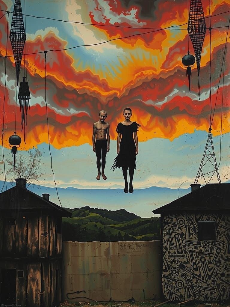 Chaotic Landscape with Blurry Figures in Egg Tempera